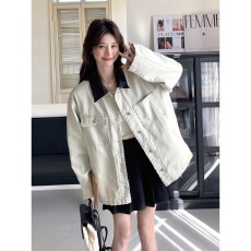 批发灰色拼接pu皮领牛仔外套男女秋<b class='q'>冬</b>款中性工装褂子美式高街情侣夹克
