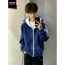 批发蓝色三条杠连帽开衫卫衣男款<b class='q'>秋</b>季潮牌龙鳞纹外套美式休闲运动夹克