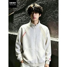 批发白花灰刺绣开衫卫衣男<b class='q'>秋</b>季美式解构正肩外套潮牌痞帅立领夹克上衣