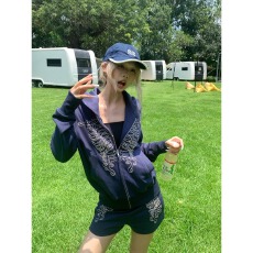 批发NECOYEP 美式设计感印花连帽开衫<b class='q'>卫衣</b>男女慵懒休闲百搭短裤两件套
