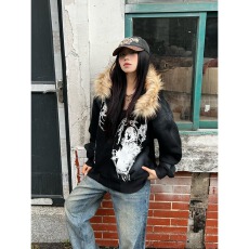批发美式复古加绒加厚毛领连帽<b class='q'>卫衣</b>男女秋冬街头风开衫外套潮
