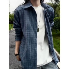 批发蓝色千鸟格<b class='q'>长袖</b><b class='q'>衬衫</b>松弛感穿搭男士叠穿内搭外套<b class='q'>情侣</b><b class='q'>休闲</b>翻领<b class='q'>衬衣</b>
