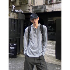 批发美式复古早秋轻薄亨利领长袖连帽t袖男女潮宽松打底衫