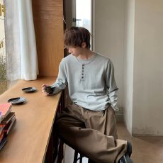批发潮流高端复古长袖t恤男秋季宽松新款硬汉亨利领打底衫上衣百搭