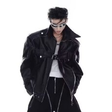 小众解构重工皮衣夹克男春秋季美式高街设计感宽松短款机车服外套