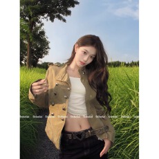 批发2026秋冬原创复古双排扣解构夹克女美式收腰修身短款呢子外套潮
