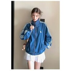 批发美式爆款蓝色三道杠短外套女2026<b class='q'>春</b>季新款高级休闲运动上衣夹克