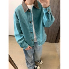 时尚潮流简约高级感翻领撞色牛仔外套单排扣设计宽松百搭夹克上衣