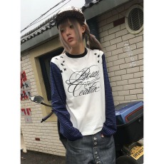 批发美式星星条纹撞色草写印花长袖t恤男女春秋季千禧轻亚风<b class='q'>街头</b>上衣