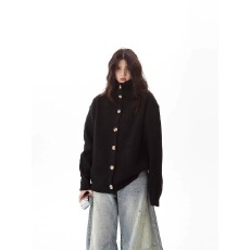 批发美式咖色慵懒风立领<b class='q'>开衫</b>毛衣男秋冬潮牌宽松复古百搭排扣针织外套