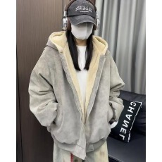 冬季加绒加厚座山雕毛领连帽夹克棉衣棉服加厚保暖男女同款PU外套