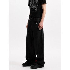 美式复古星星刺绣字母铆钉牛仔裤hiphop黑牛撞色明线宽松直筒长裤