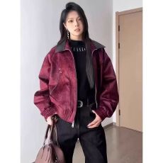 批发2025新款秋冬美式复古撞色PU皮翻领夹克女高级感<b class='q'>设计</b>宽松拉链外套