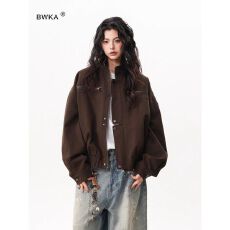 批发美式巴恩风立领工装<b class='q'>牛仔外</b>套女男秋季新款复古高级感短款机车夹克