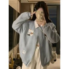 批发美式复古刺绣小猫翻领外套女秋季新款宽松休闲情侣棒球服夹克上衣