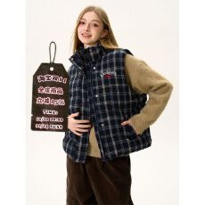 批发Don Cry 美式格子无袖马甲外套新款男女秋冬宽松复古休闲叠穿棉服