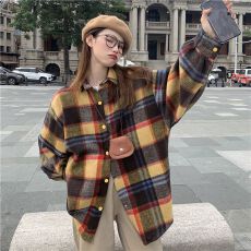 批发韩版复古撞色磨毛格子衬衫女2025<b class='q'>新款</b>秋冬中长款加绒加厚上衣外套
