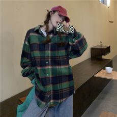 批发秋冬复古oversize磨毛<b class='q'>格子衬衫</b>女设计感宽松休闲原宿风中长款外套