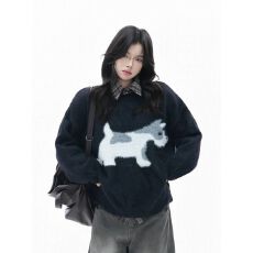 批发美式复古卡通猫咪提花圆领<b class='q'>毛衣</b>男女款秋冬新款宽松休闲情侣装上衣