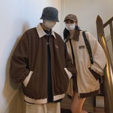 批发美式复古拼色外套<b class='q'>男</b>女春秋灯芯绒百搭宽松ins潮港风情侣休闲<b class='q'>夹克</b>