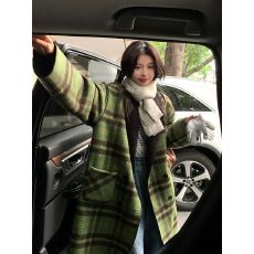 批发2025两面穿绿色格子毛呢大衣外套中<b class='q'>长款</b>女秋冬胖mm宽松呢子上衣