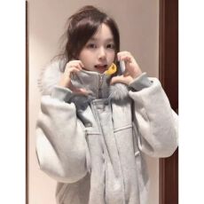 批发灰色大毛领连帽棉服<b class='q'>男</b>女款冬季美式复古毛呢保暖立领<b class='q'>外套</b>短款棉衣