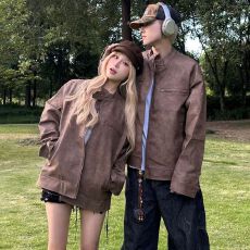 批发2025美拉德美式棕色<b class='q'>皮衣</b>外套男女高级感cleanfi夹克<b class='q'>机车</b>情侣外套