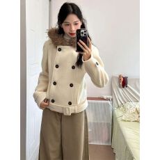 批发AFFFREEDOM毛领双排扣短款毛呢羊毛<b class='q'>大</b>衣连帽<b class='q'>外套</b><b class='q'>女</b>收腰秋冬加厚