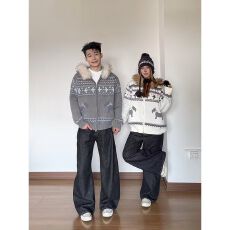 批发2025秋新款<b class='q'>男</b>女<b class='q'>毛衣</b>慵懒风连帽开衫外套费尔岛复古宽松毛针织衫