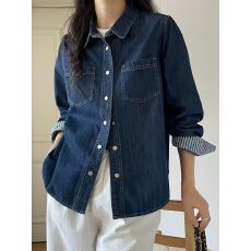 批发复古港风牛仔衬衫外套女春秋韩系小个子高级感休闲衬衣翻领上衣潮