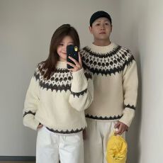 批发<b class='q'>韩国</b>chic秋冬甜美减龄圆领宽松百搭费尔岛提花长袖软糯针织毛衣女