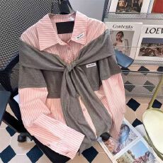 批发<b class='q'>假两件</b>针织拼接条纹衬衫女早秋miu系粉色衬衣修身学院风甜美上衣
