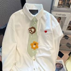 批发韩系可爱撞色小熊领带长袖衬衫男女春秋季宽松学院风情侣上衣<b class='q'>外套</b>