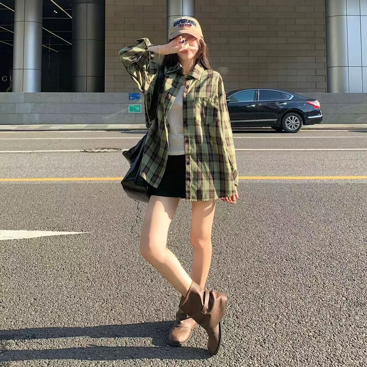 녹색 중간 길이 작은 대중 체크무늬 셔츠 긴팔 자외선 차단 셔츠 재킷 봄 여름 외국 가스 루즈핏 캐주얼 맨위 여성