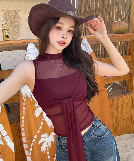 2026 새로운 가슴 패드 순수한 욕망 실 인터넷 마이크로 ~을 통해 캐미솔 봄 홀로우 아웃 섹시함 핫걸 비틀림 맨위