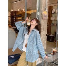 批发2026慵懒风蓝色格子<b class='q'>长袖</b><b class='q'>衬衫</b>女春宽松设计感小众百搭格纹防晒外套