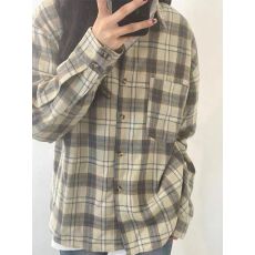 批发2026新款美式复古卡其色格子衬衫女春秋<b class='q'>休闲</b>内搭长袖衬衣