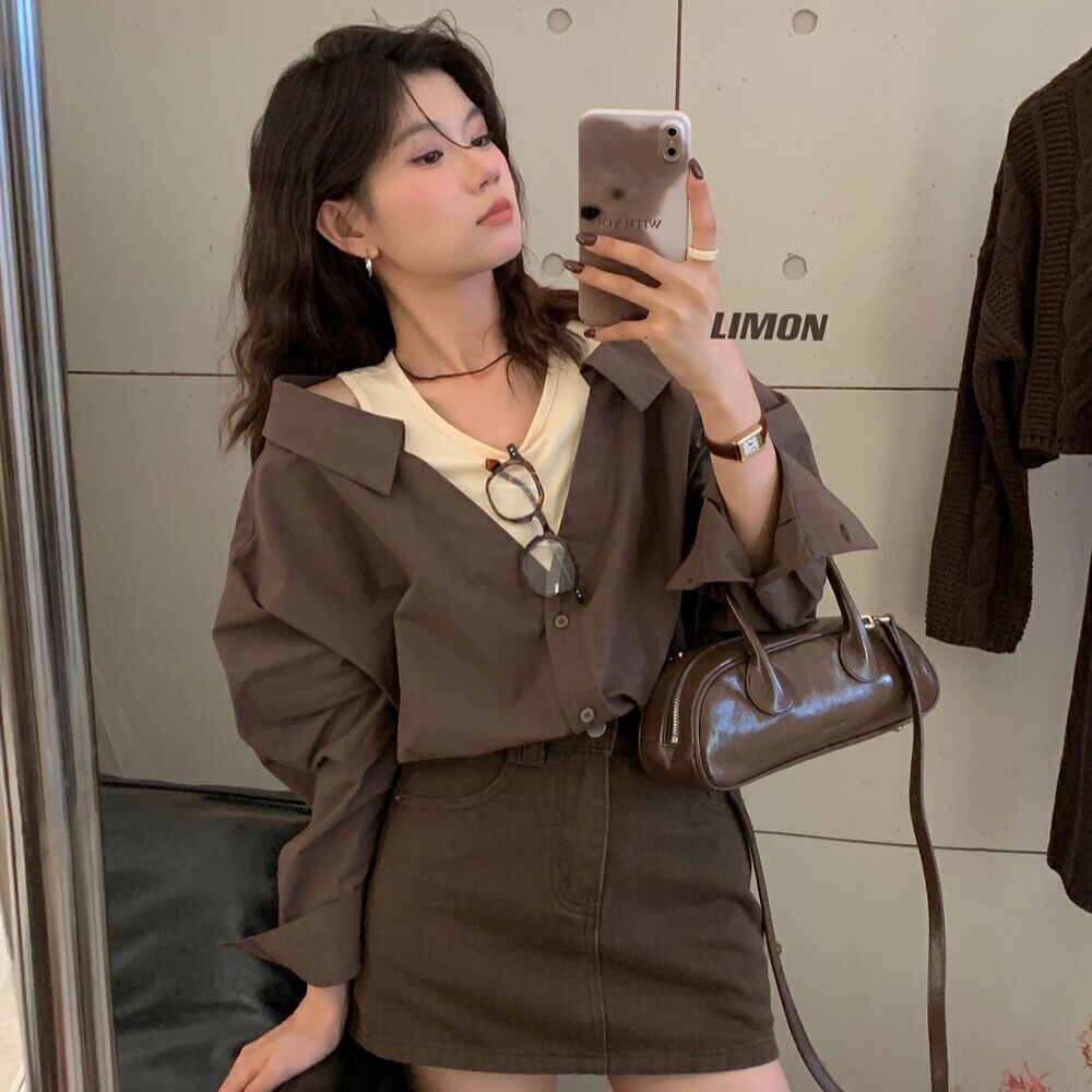 the limon 패치워크 페이크 레이어드 오프숄더 맨위 여성 가을 새로운 스택 착용 인사이드 가져 가라. 조끼 긴팔 여성 셔츠