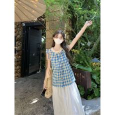 批发韩系甜美碎花格子拼接飞飞袖衬衫女<b class='q'>夏</b>季2026新款百搭宽松显瘦上衣