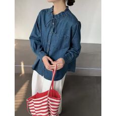 批发2026新款韩版立领系带<b class='q'>牛仔</b><b class='q'>衬衫</b><b class='q'>女</b>设计感宽松显瘦百搭气质外穿<b class='q'>衬衣</b>