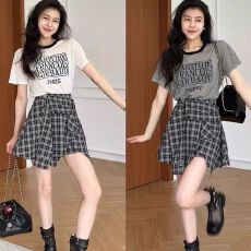 批发张阿星套装曼谷热浪时尚穿搭个性短款格子裙裤竹节麻针织短袖上衣