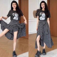 批发张阿星撒野套装美式高街水洗短袖T➕不规则格子半裙W425A05034