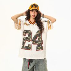 批发2026新款美式复古运动风V领短袖T恤<b class='q'>男</b>女同款夏季宽松休闲百搭上衣