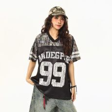 批发夏季新款美式<b class='q'>男</b>女v领上衣情侣泽西风球衣撞色拼接夏日百搭短袖t恤