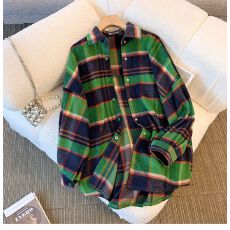 批发港风复古磨毛格子<b class='q'>衬衫</b>女春秋<b class='q'>长袖</b>上衣2026新款宽松中长款<b class='q'>衬衣</b>外套