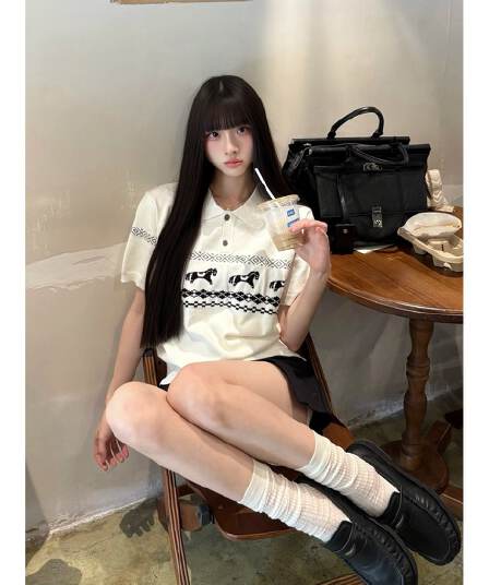 clearform 조용한 새끼 작은 말 공정한 섬 자카드 폴로 칼라 통기성 편안함 polo 니트 스웨터 반팔 tee