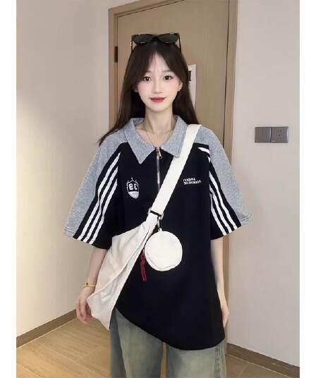 3개 바 패치워크 POLO 칼라 반팔 티셔츠 여성 여름 루즈핏 아메리칸 레트로 하프 지퍼 폴로 칼라 동정 맨위