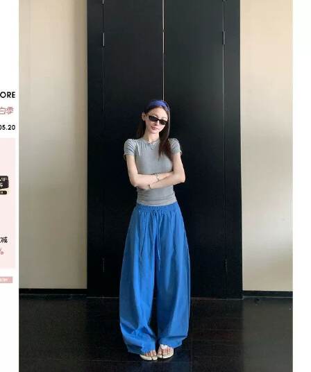 skk store 파란색 바지 아이들 호흡 캐주얼 바지 여름 얇은 스타일 스트레이트 넓은 다리 루즈핏 느긋한 바람 모통이 칼 바지