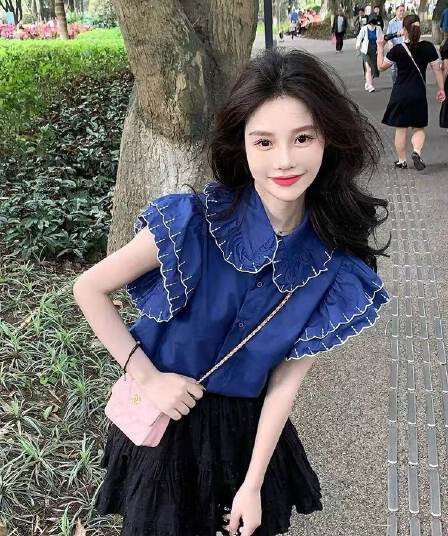 프랑스식 거품 소매 시폰 셔츠 여성 베이비 칼라 고유 한 Chic 아름다운 달콤함 빛 럭셔리 다용도 레이스 자수 맨위