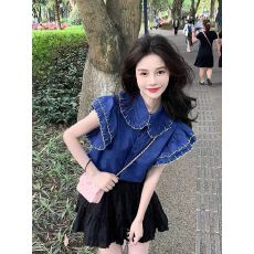 批发法式泡泡袖雪纺衫女娃娃领独特别致漂亮甜美轻奢百搭蕾丝钩花上衣